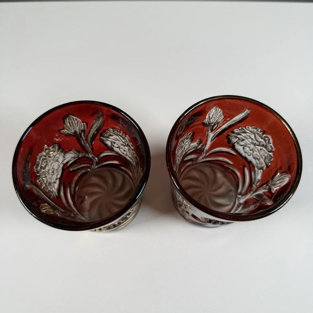 Antique New Martinsville Carnation No. 88 Ruby Flash Gold Floral Tumblers 2